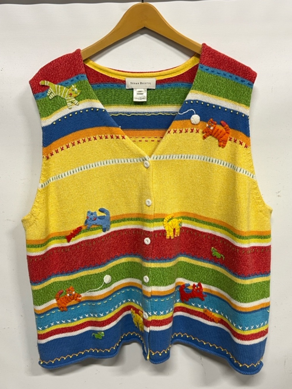 Vintage Susan Bristol Hand Embroidered Cat Rainbow Stripe Vest Women’s 3X
